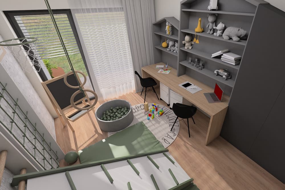 3D návrh dětského pokoje a herny pro 2 chlapce